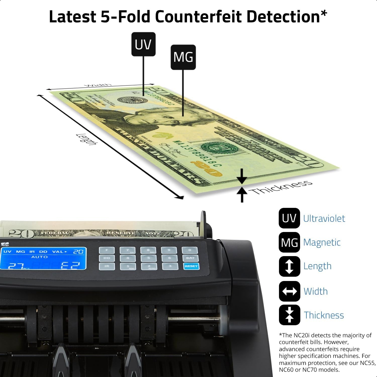 Bill Value Counter & Counterfeit Detector - Money Cash Currency Machine (Nc20I)
